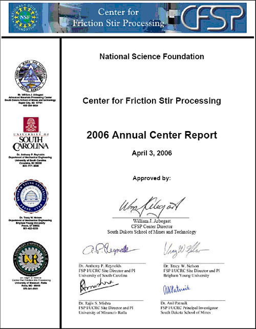 CFSP NSF Annual Report Format and Example Center for Friction Stir